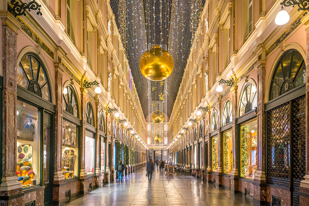 Christmas decorations in glazed shopping arcade in Brussels